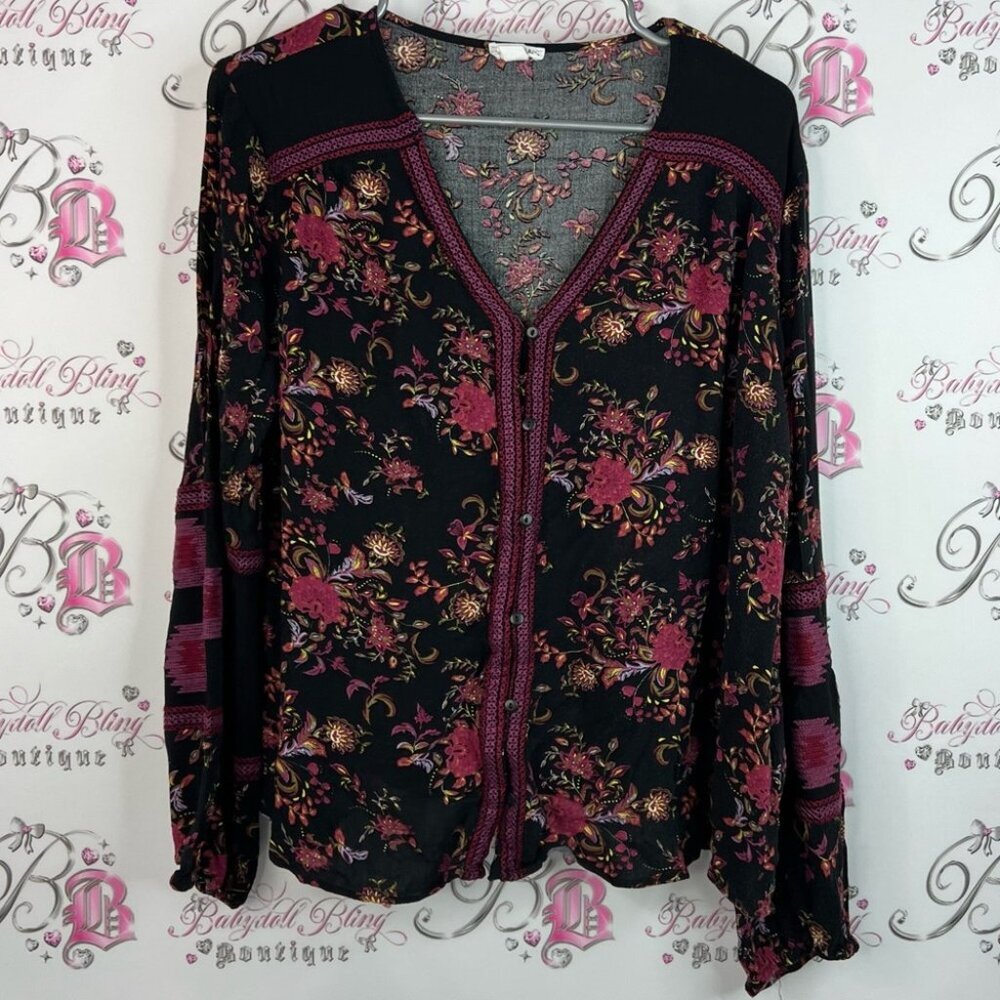 Tribal long sleeve button down flowers blouse Floral Black and Pink Women's Top